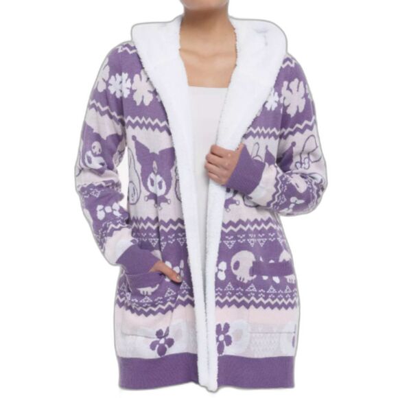 My Melody & Kuromi Sold Out Cozy Sherpa Hooded Pink Purple Open Cardigan, Sz S - Picture 1 of 10